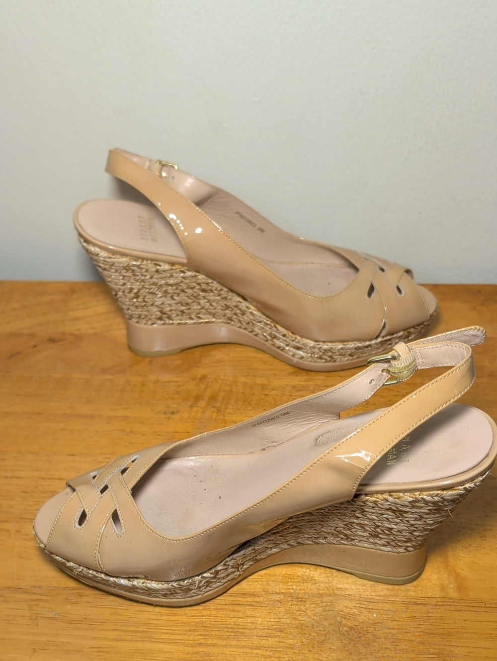 Stuart Weitzman Patent Leather Espadrille Wedge Sandals Beige Women's Size 9M - Picture 7 of 8